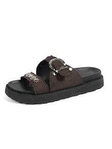 Solid Color Rivet Decor New Fashion Metal Buckle Decor Open Toe Platform Slide Sandals, Comfortable Versatile Beach Slippers Suitable For Daily Wear - Coffee Brown - View 9