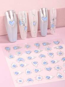 2pcs Valentine's Day 5D Embossed Jelly Heart Nail Stickers With Floral Design Spring/Summer Silver Chrome-Plated Blue Sun Geometric Nail Art Perfect For Women's Daily Dates DIY Nail Decoration Nails - Mint Blue - View 2