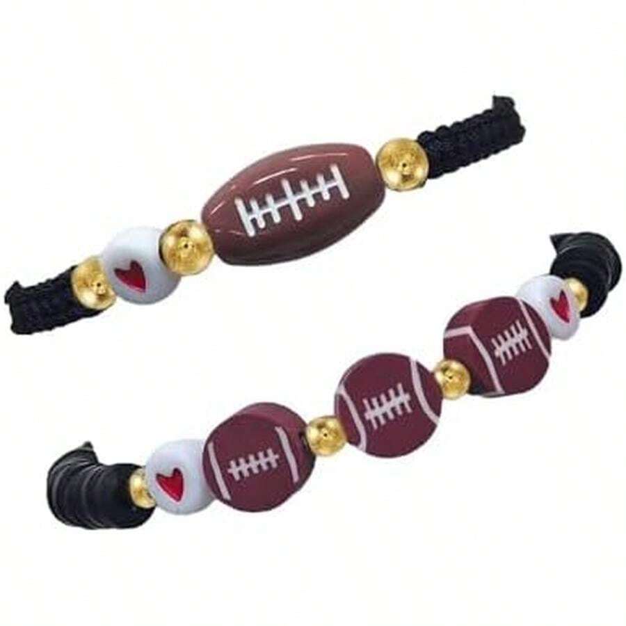 Soccer Rugby Baseball Sports Stretch Bracelets Handmade Baskrtball Beaded Ball Charm Adjustable Braided Bracelets For Women Men Sports Team Party Favors Jewelry Gifts - Rugby Set A - 查看 1