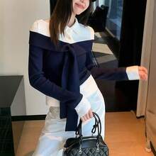 ملابس علوية أنيق للنساء، بياقة بولو ذو ألوان متباينة، أزرار وربطة، أكمام طويلة، ملابس علوية أنيقة للنساء، قمصان كاجوال عصرية للشتاء