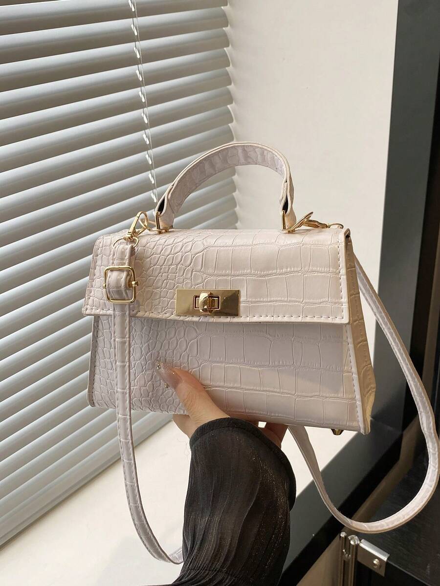1 pieza Bolso de mano de unicolor de moda con solapa de PU con relieve y cierre de metal