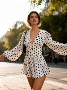 VIBEWAVE 2026 法式优雅波点泡泡袖连衣裙，性感深V褶皱腰A字连衣裙（女款） - 白色 - 查看 2