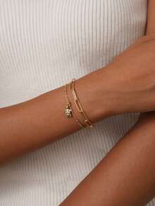 Set de 2 pulseras para niña, estilo bohemio de verano playa, cadena básica multicapa chapada en oro, cadena de imperdible, pulsera multicapa con colgante de tortuga de cobre incrustado de circonita, serie océano, regalo de joyería - Dorado - Ver 4