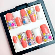 NailLush 10 PCS Handmade Duckbill Press-On Nails | Vibrant Coral Floral Rhinestone Nails With 3D Flower Designs, Bright & Sparkling Nail Art For Vibrant Sweet Daily Fashion Looks (Tool Kit Included) - Màu Cam san hô - Xem 9