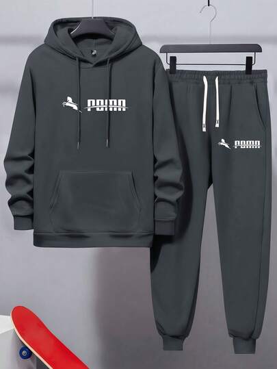 Men's Lightweight Regular Fit Hoodie And Sweatpants Set, Personalized Letter Print Pattern, Fashionable Casual Outfit With Pockets And Drawstring Waist, Suitable For Outdoor Activities, Travel And Relaxation - Great Gift For Husband Or Boyfriend Spring