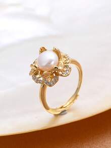 1 chiếc nhẫn hở hình hoa mạ vàng 18K đính ngọc trai tự nhiên và đá Cubic Zirconia dành cho nữ - Hình hoa 1 - Xem 1