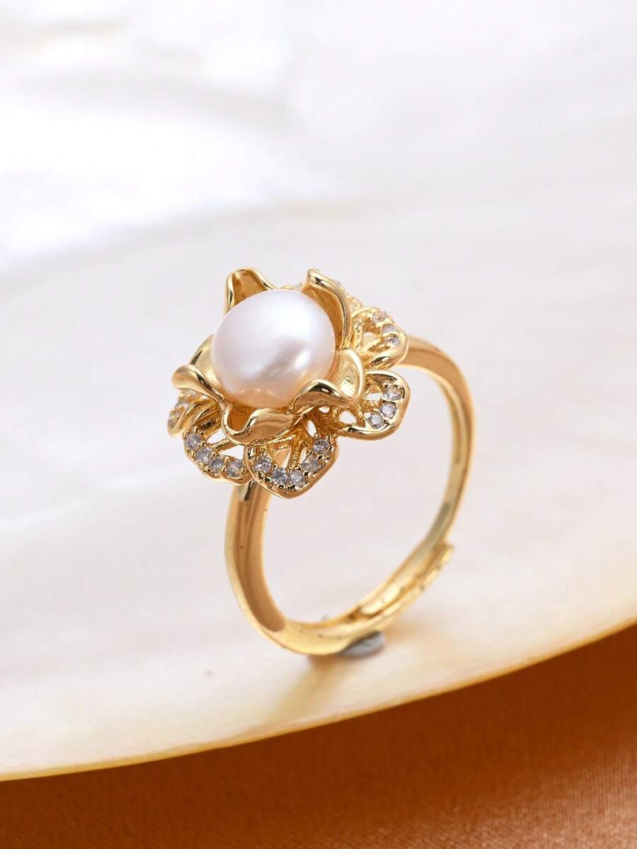 1 chiếc nhẫn hở hình hoa mạ vàng 18K đính ngọc trai tự nhiên và đá Cubic Zirconia dành cho nữ - Hình hoa 1 - Xem 1