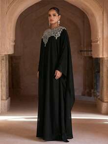 Abaya de gasa azul elegante, adornada con decoración plateada, de manga larga, adecuada como abaya, abaya de fiesta o vestido formal (corte holgado - consulte la tabla de tallas) - Negro - Ver 5