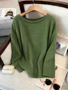 Plus Size Women Casual Solid Color Round Neck Long Sleeve Sweater - Green - View 7