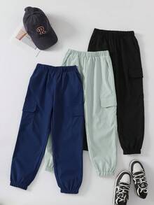 3 pièces/Set Pantalons cargo à la mode pour garçons, pantalons décontractés ample avec cordon de serrage à la taille et grandes poches, convient pour les sports de plein air, automne/printemps - Multicolore - Voir 6