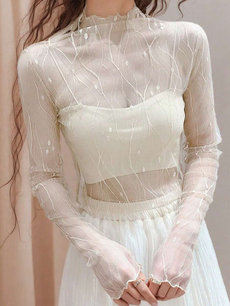 高领透视网纱罩衫，性感轻薄打底衫，饰有树枝纹理刺绣，长袖上衣 - 白色 - 查看 1