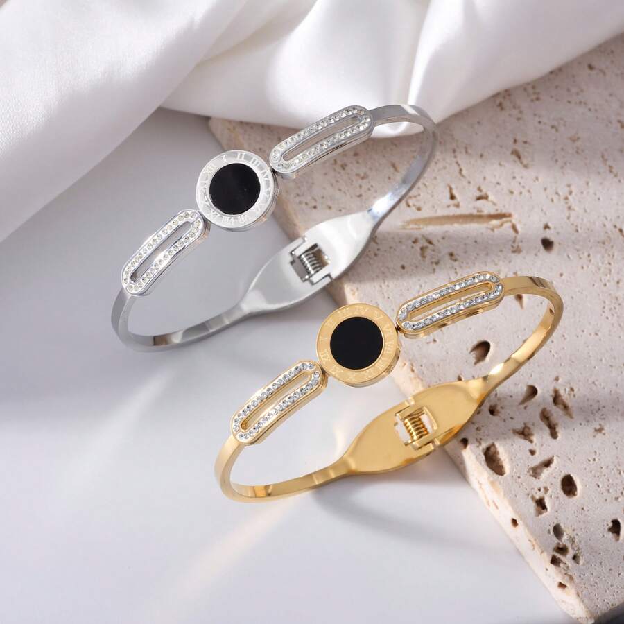 1件经典罗马数字水钻女士手链，简约黑色方块首饰 - 手鐲 - 查看 1