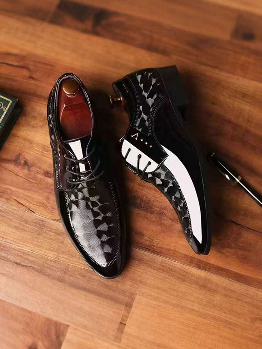 Spring New Lace-Up Men's Shoes, Soft Non-Slip Pattern Mirror Surface Comfortable Fashion Business Casual Shoes, Versatile Loafers For Office, Work And Gatherings - Black - View 1