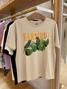 Women's T-Shirt With Tropical Print: Parrots, Palm Trees And Green Coconuts. Immediate Shipping. Premium Cotton Fabric. - Beige - View 2