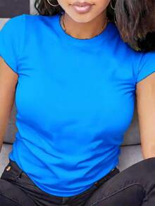 Women's Basic Solid Color Short Sleeve Crew Neck Pure Cotton T-Shirt, Slim Fit Casual Daily Top, Sizes S-XXXL, Soft Breathable Comfortable Tee, Lightweight Summer Fashion Essential, Easy To Match, Classic Style, High-Quality Cotton Fabric, Suitable For All Seasons,  Basic Top For Women - Màu xanh lam - Xem 11