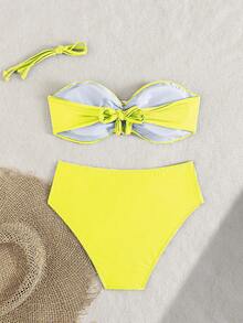 Bộ bikini quây ngực màu trơn dành cho nữ, điểm nhấn kim loại, thích hợp cho kỳ nghỉ trên đảo, chụp ảnh và bơi lội. - Màu vàng - Xem 2