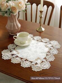 Jacquard Satin Fabric, Bicolor Embroidered Lace Trim Table Runner, Dresser Scarf, Doily, Home Decor Flag, Placemat, Suitable For Kitchen, Dining Room, Study, Coffee Table, Dressing Table, Living Room, Bedroom, Patio, Outdoor Furniture, Picnic, Villa, Party And Wedding Decoration, 1pc Table Runner (Various Sizes)