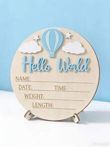1pc "Hello World" Birth Announcement Board, Baby Photo Prop Wooden Plaque, Baby Milestone Marker, Christening Gift (Boy/Girl) - 3D Hot Air Balloon Blue - View 3