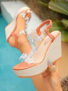 1 Pair Women's Platform Open Toe Sandals, Summer Elastic Strap Sandals, Butterfly Rhinestone High Heel Wedge Leather Sole Sandals - Orange - View 1