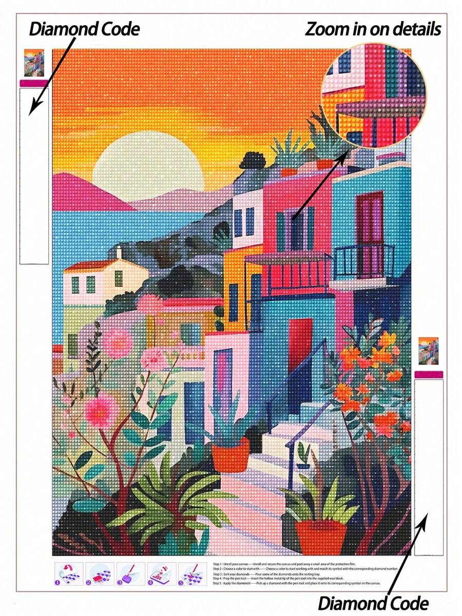 5D DIY 鑽石畫套裝，鮮豔的地中海沿海小鎮日落景觀，大膽色彩的建築與植被對比日落天空，畫布牆面藝術裝飾，居家裝飾馬賽克 DIY 牆面藝術套組 - 彩色 - 查看 1