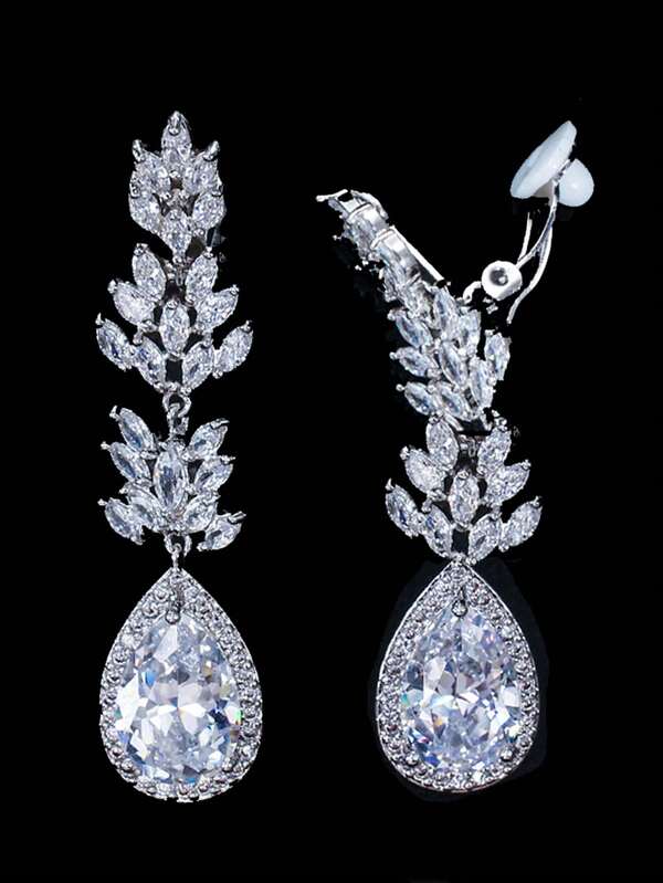 1 Pair Clip On Bridal Long Drop Non-Pierced Earrings, Silver Plated Cubic Zirconia Wedding Jewelry For Brides, Bridesmaids, Engagement, Banquet, Pageant, Prom, Gift For Women, Girlfriends, Wife