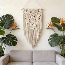 1pc Macrame Wall Hanging, Boho Style Wall Decor Tapestry, Handwoven Fringe Woven Wall Blanket Backdrop - Beige - View 8