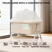 5 In 1 Baby Bassinet Bedside Sleeper, Convertible Baby Crib With Rocking Mode, Wheels And Adjustable Height, Foldable Bassinet With Storage Basket - Apricot - View 5