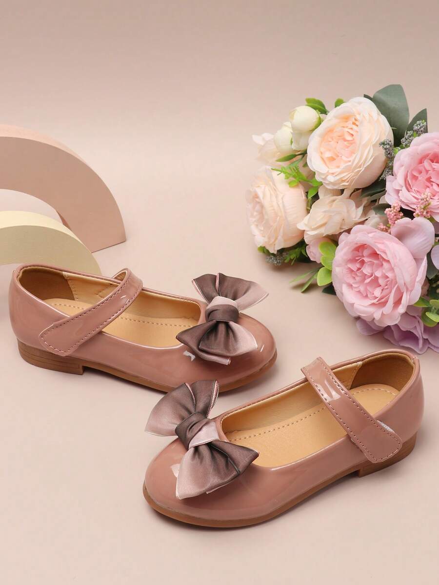 女童魔术贴平底鞋，婴儿套脚蝴蝶结公主皮鞋 - 粉色 - 查看 1
