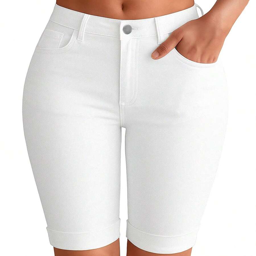 Plus Size White Denim Bermuda Shorts With Zipper And Medium Stretch For Comfortable Casual Wear Summer - White - View 1