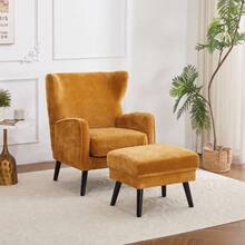 Luxury Chenille Accent Chair With Ottoman - Dark Green/Dull Yellow Upholstered Lounge Armchair, Plush Comfort For Living Room, Black Wooden Legs - Dull Yellow - View 1