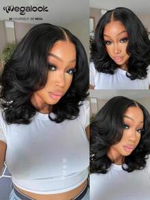 MEGALOOK 6x5蕾丝隐形结短款波浪卷假发，100%真人发丝 - 预剪蕾丝自然发际线无胶假发，10-14英寸层次剪裁波波头假发，预拔毛预漂白发结，自然色，新手友好型透明蕾丝闭合假发 - 无需胶水，自然逼真，适合日常佩戴，可打造办公室、僵尸新娘、万圣节、派对、Y2K、坏女孩、度假、户外、角色扮演、校园、学校假期、圣诞节、派对、婚礼、节日等各种造型，适合女性佩戴。 - SNatural - 查看 2