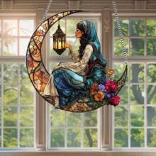 7.87 X 7.87 Inch Acrylic Decorative Piece With Muslim Girl Holding Moonflower, Suitable For Eid Festival Decoration - A - View 3