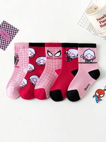 Marvel 5双漫威格温蜘蛛侠主题凝胶防滑儿童袜，包括粉色女童过膝袜、透气防滑卡通男童袜和防滑家居袜，适合好动儿童和蜘蛛侠电影粉丝。 - 粉色 - 查看 13