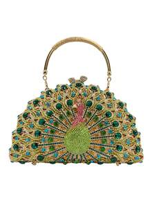 Luxury Peacock Feather Rhinestone Embellished Handbag, Elegant Evening Clutch Bag For Party - Multicolor - View 1