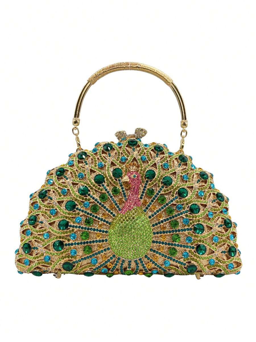 Luxury Peacock Feather Rhinestone Embellished Handbag, Elegant Evening Clutch Bag For Party - Multicolor - View 1