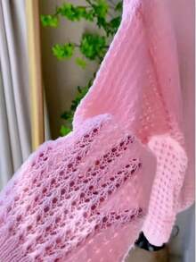 Loose Knit Sheer Cover Up, Women's Oversized Boat Neck Long Sleeve Lightweight Hollow Out Knit Cover Up For Spring/Summer Vacation - Pink - View 6