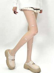 1-2 Pairs Spring/Summer Rhinestone White Tights, Lolita Style Black Bow Tie Stockings - Multicolor - View 12