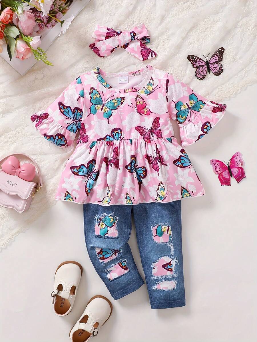 Toddler Baby GIrl Winter Outfits, Cute Butterfly Top And Jeans Set Baby Cute Outfits - Hồng - Xem 1