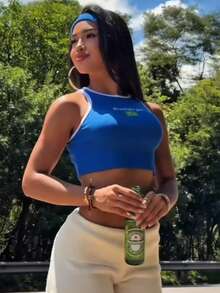 Cropped Tank Top Brazil - Special Edition - Ribbed Fabric - High Neck - Blogger Fashion - Summer 2026 - Màu xanh lam - Xem 2