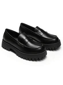 Women Platform Loafers 1.57-Inch Chunky Mid-Heel Flatform Loafer Round Toe Versatile Classic Casual Slip On Shoes, 2026 New Spring Summer Shoes - 黑色 - 查看 10