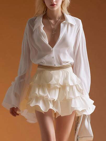 Chân váy ngắn nhiều lớp dáng thường ngày dành cho nữ, phối lưới màu tương phản, chất liệu polyester không co giãn, thích hợp cho mùa hè.