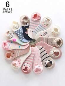 6 pares de calcetines invisibles tipo barco de vamp bajo con estampado de animales de dibujos animados lindos para mujer, colores aleatorios - Multicolor - Ver 14