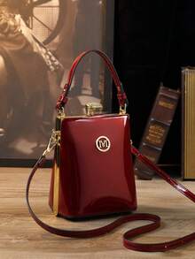 Glossy Lacquer Vertical Mini Crossbody Bag For Women, Luxury Shiny Rhinestone Decor Handbag Clutch - Burgundy - View 3