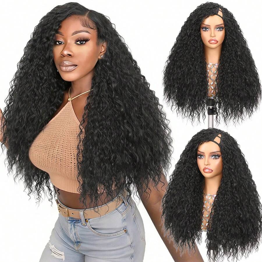 22" V/U-Part Wigs, Curly Wavy Wigs, Upgraded U-Part Wigs For Women, Synthetic Wigs, Clip-In Half Head Wigs, Voluminous Curly Wigs, V-Part Wigs - Multicolor - View 1