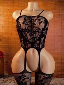 1 bộ áo liền thân ren hoa gợi cảm cỡ lớn dành cho nữ - Áo lót lưới không tay, nâng đỡ tốt, thiết kế khoét hở, thích hợp cho những dịp thân mật, trang phục gợi cảm dành cho người lớn, đồ lót | Họa tiết ren hoa | Vải lưới, đồ lót nữ thanh lịch - màu đen - Xem 3