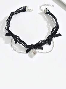 1pc Women's Versatile Choker Necklace With Bow, Lace, Heart, Crown Pendant, Collar Necklace - Multicolor - View 6