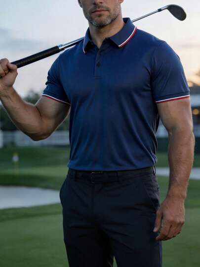 海军蓝撞色滚边 Polo 衫：红、蓝、白撞色设计，透气面料，适合通勤和轻度运动。