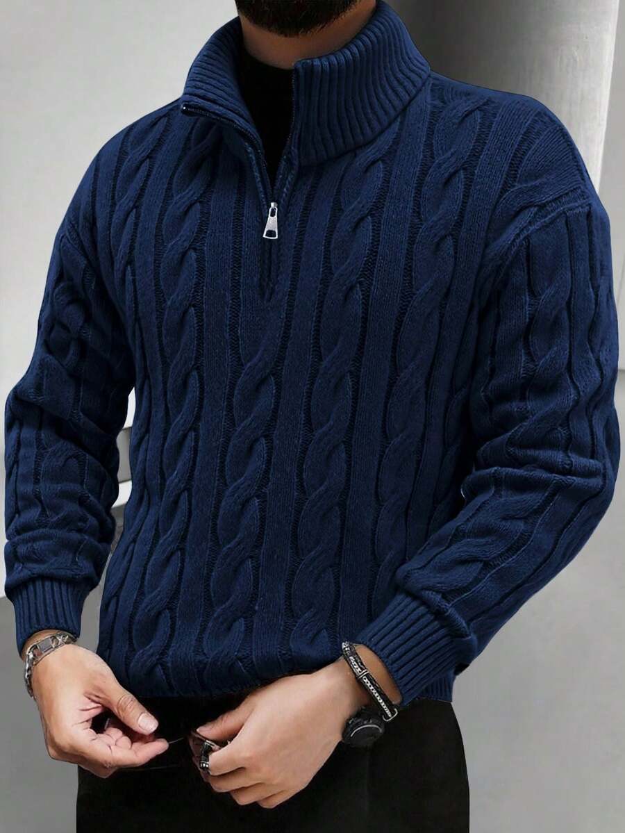 男士复古纯色毛衣，休闲日常穿着，四分之一拉链高领套头衫，万圣节时尚街头风 - 藍色 - 查看 1