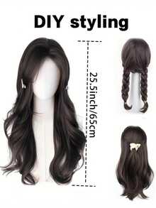 25.5英寸女士棕色刘海假发，长款波浪层次感合成耐热假发，适合日常佩戴和派对场合 - 彩色 - 查看 6