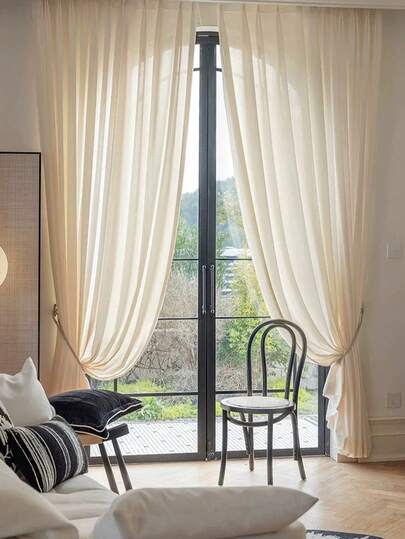 1pc French Luxury Cream Sheer Curtain, Translucent Sunscreen For Living Room, Balcony, Bedroom, Heat Insulation